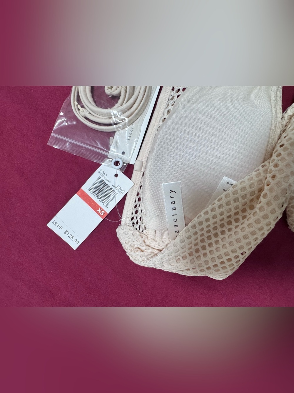 $125 Sanctuary Women's Mesh V-Wire Bandeau Bikini Top Swim White Sand XS NWT - Picture 6 of 7